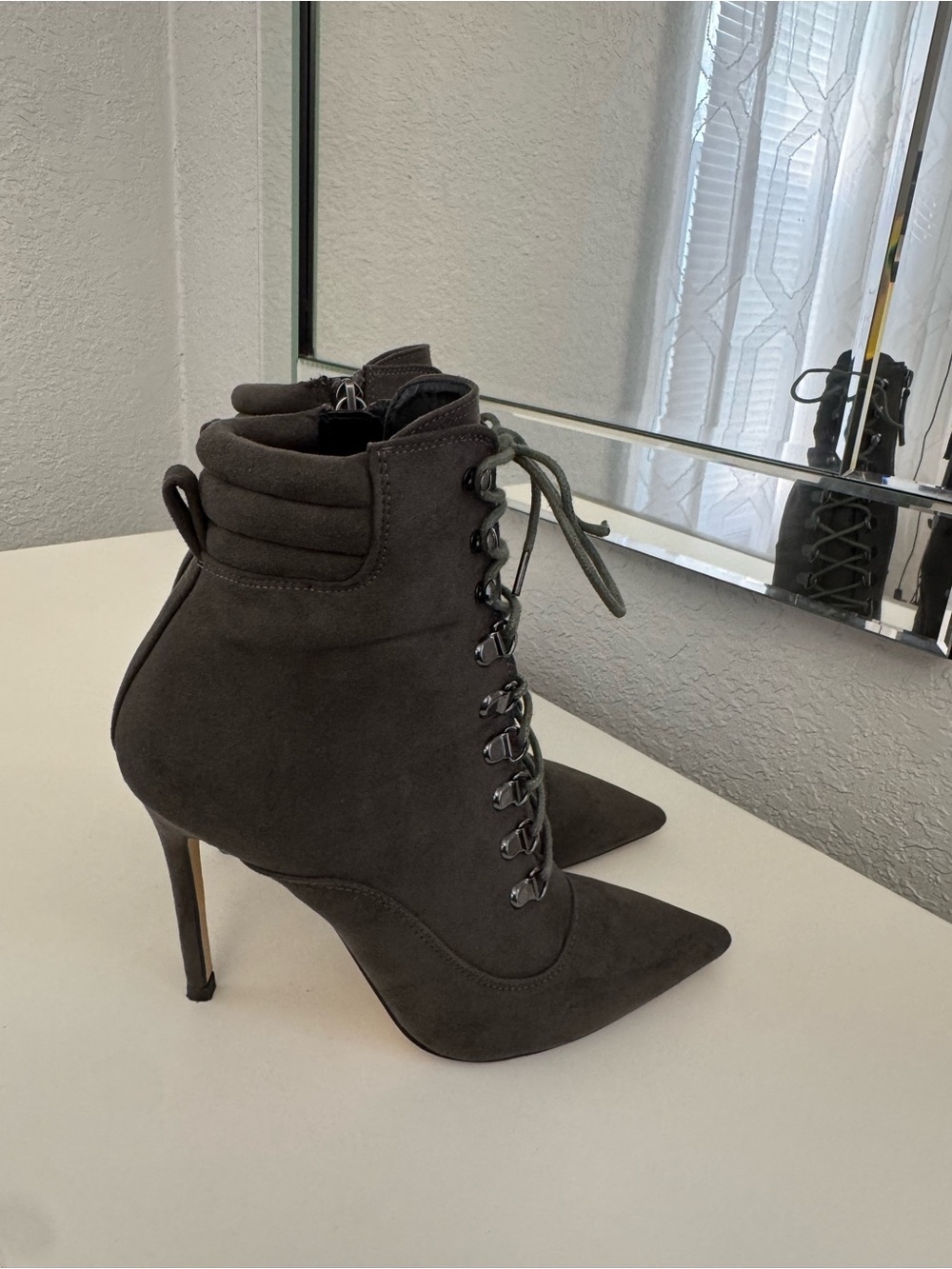 Day by Zendaya Lace-Up Pointed Stiletto Ankle Boots in Dark Gray